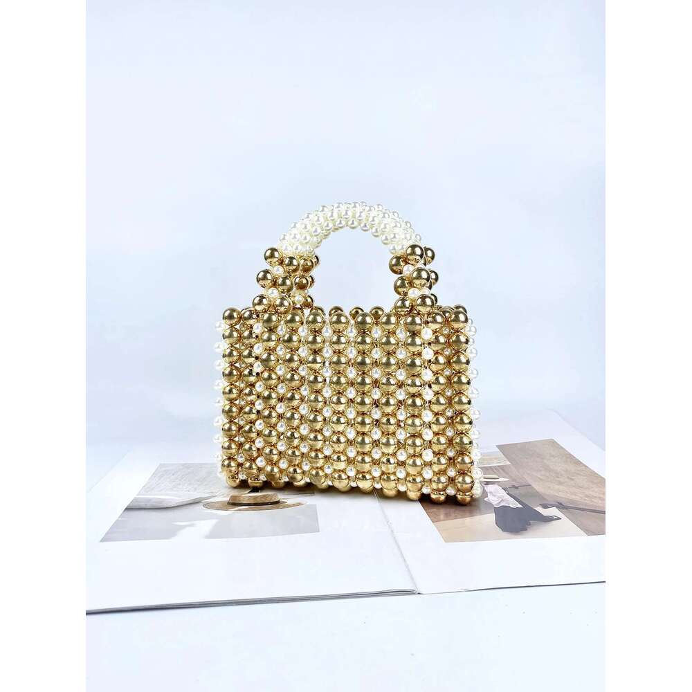 Advanced Mobile Phone With Gold Round Beads, Acrylic Handheld Beaded Handmade Women's Bag, Fashionable Casual Dinner Bag