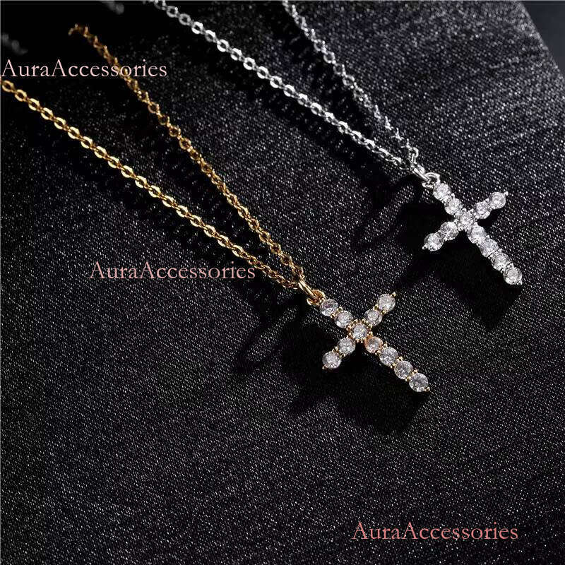 Retro Gold Plated Do Not Fade Clear Crossed Dia Zircon Cubic Zirconia Cross Pendant Necklace