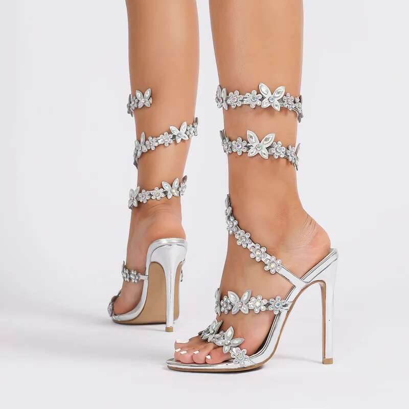 Women Flower Decor Heeled Fashion Open Toe Dress Pumps Stylish Twine Stiletto Sandals Rhinestone Solid Color Party Shoes