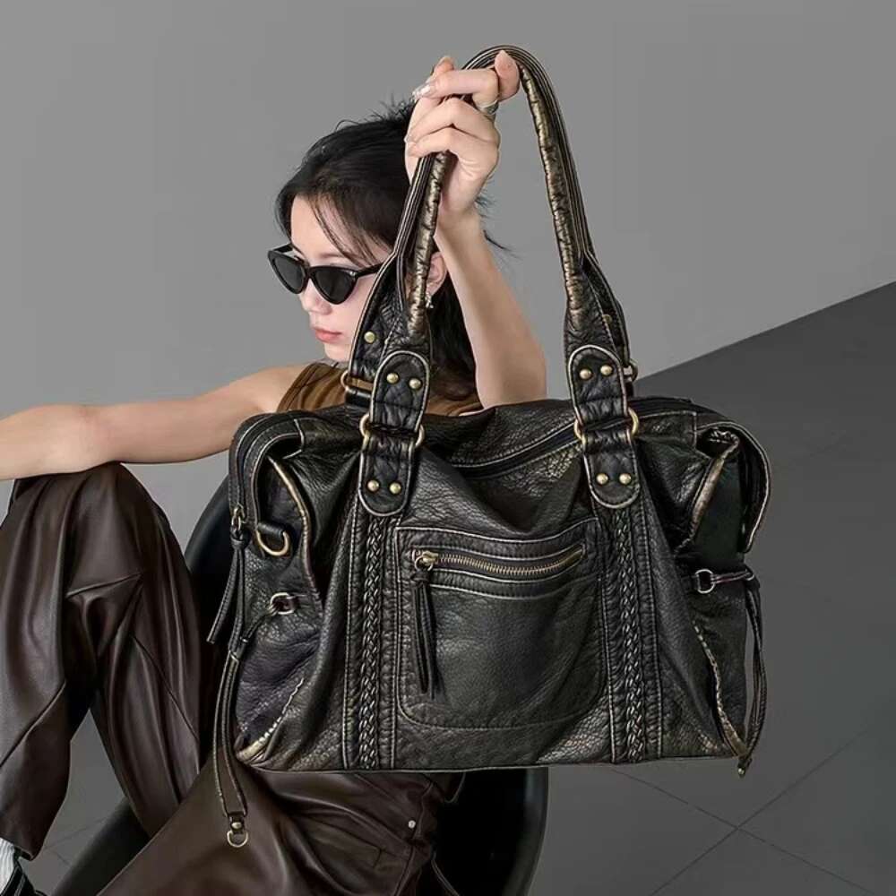 One Shoulder Bag Y K Spicy Girl One Shoulder Crossbody Vintage Washed Leather Motorcycle Large Capacity Bag KQ