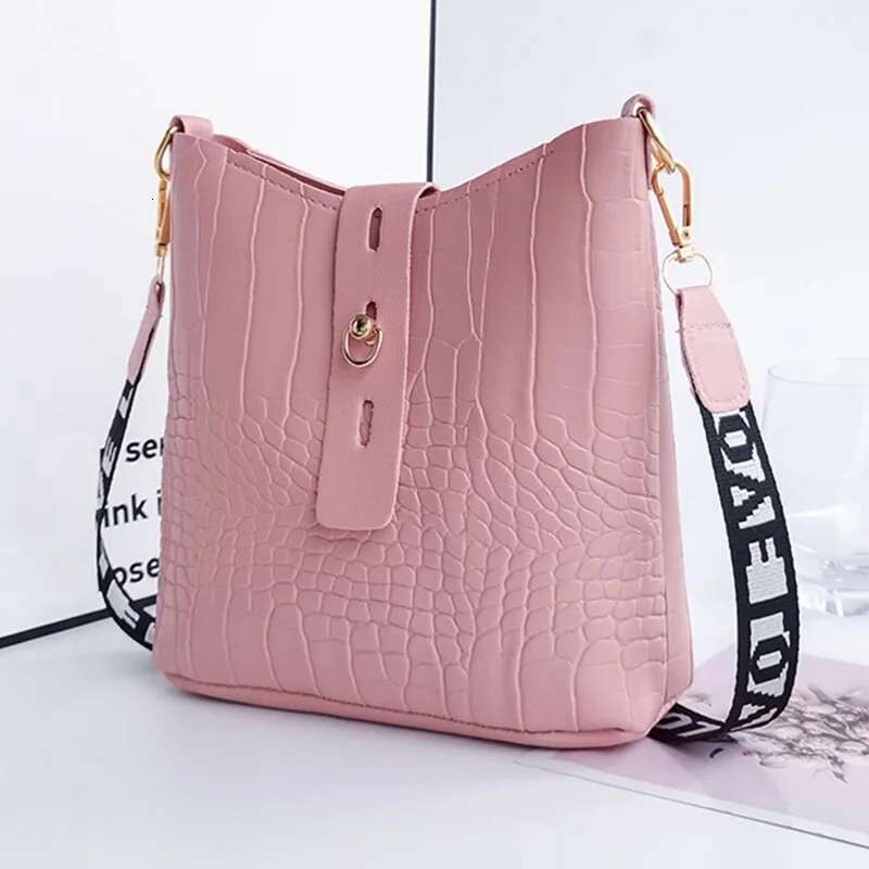 New Fashion Crocodile Crossbody Printed Ribbon Shoulder Strap Bucket High Capacity Women's Bag