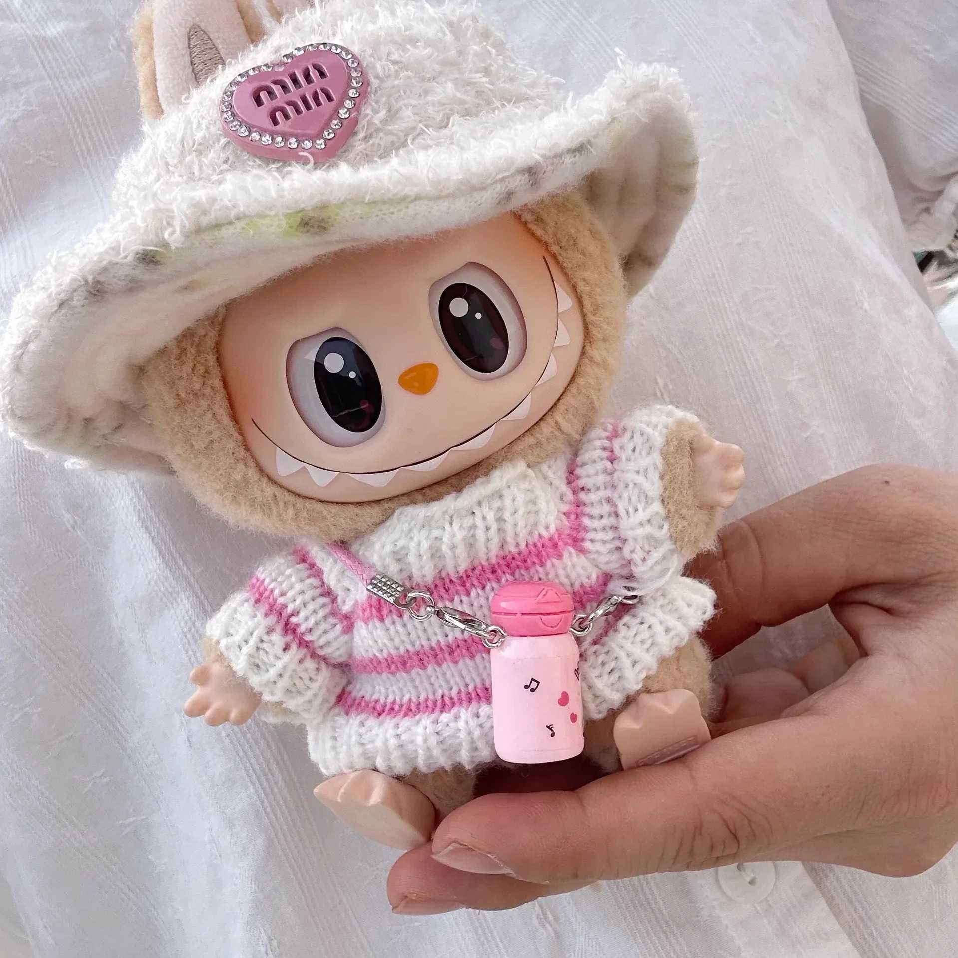 For Labubu V1 V2 Idol Cute Doll Clothes Fashion Sweater Outfit Accessories Sitting Party Pink White Striped Sweater Cup ClothingT250513