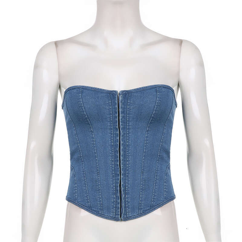 Summer Women's Hot Girl Solid Color Single Breasted Irregular One Lined Cowboy Waist And Chest B5