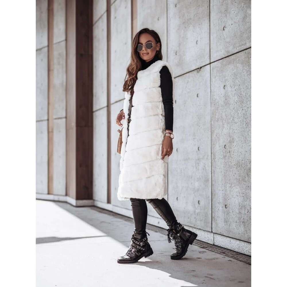 2025 Winter Women's Faux Coats X-Long Jackets Sleeveless O-Neck Vest Outerwear Female Fashion Lady Fur Cardigans Dresses Designer