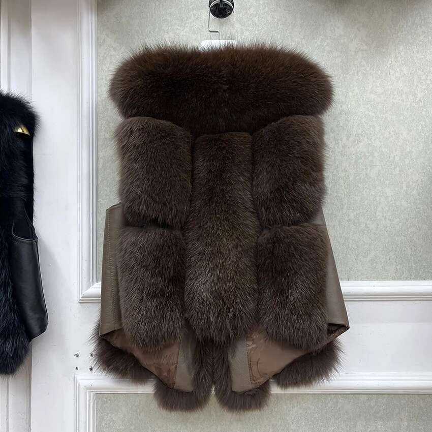 2024 New Autumn Winter Warm Women's Coat Natural Real Fox Fur Vest Thick Mid Length Waistcoat Female Jacket Streetwear