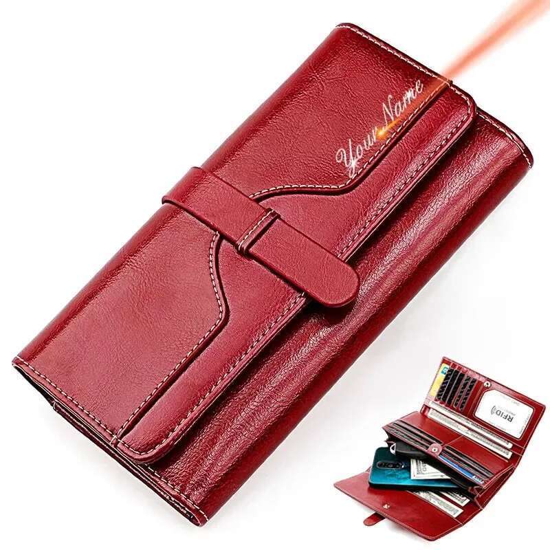 Women Genuine Leather Long Personalized Gift for Her Engraving Name Card Holder Wallet Phone Bag Coin Pocket Zipper Purse