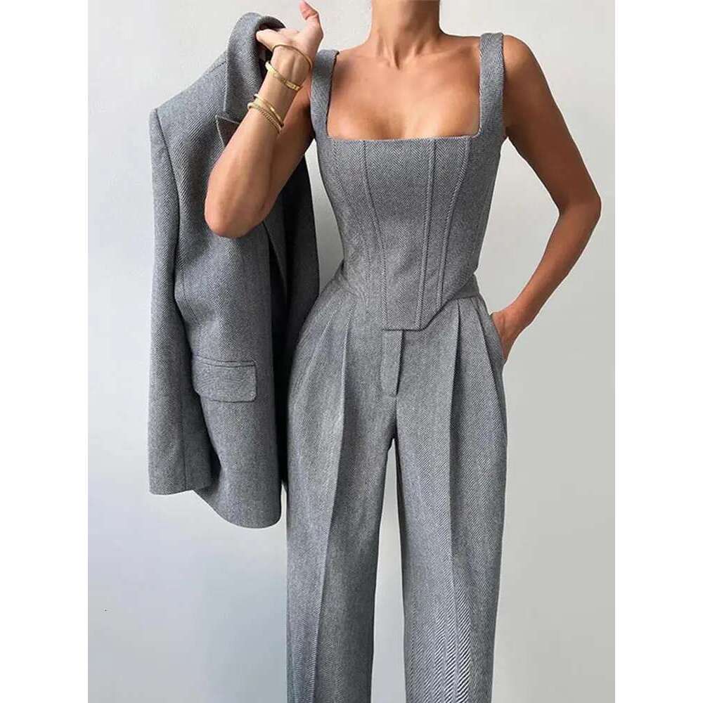 Casual Solid Women's Blazer Coats Pants 3 Pieces Sets Elegant Long Sleeve Coat Fishbone Top High Waist Wide Trousers Lady Suits