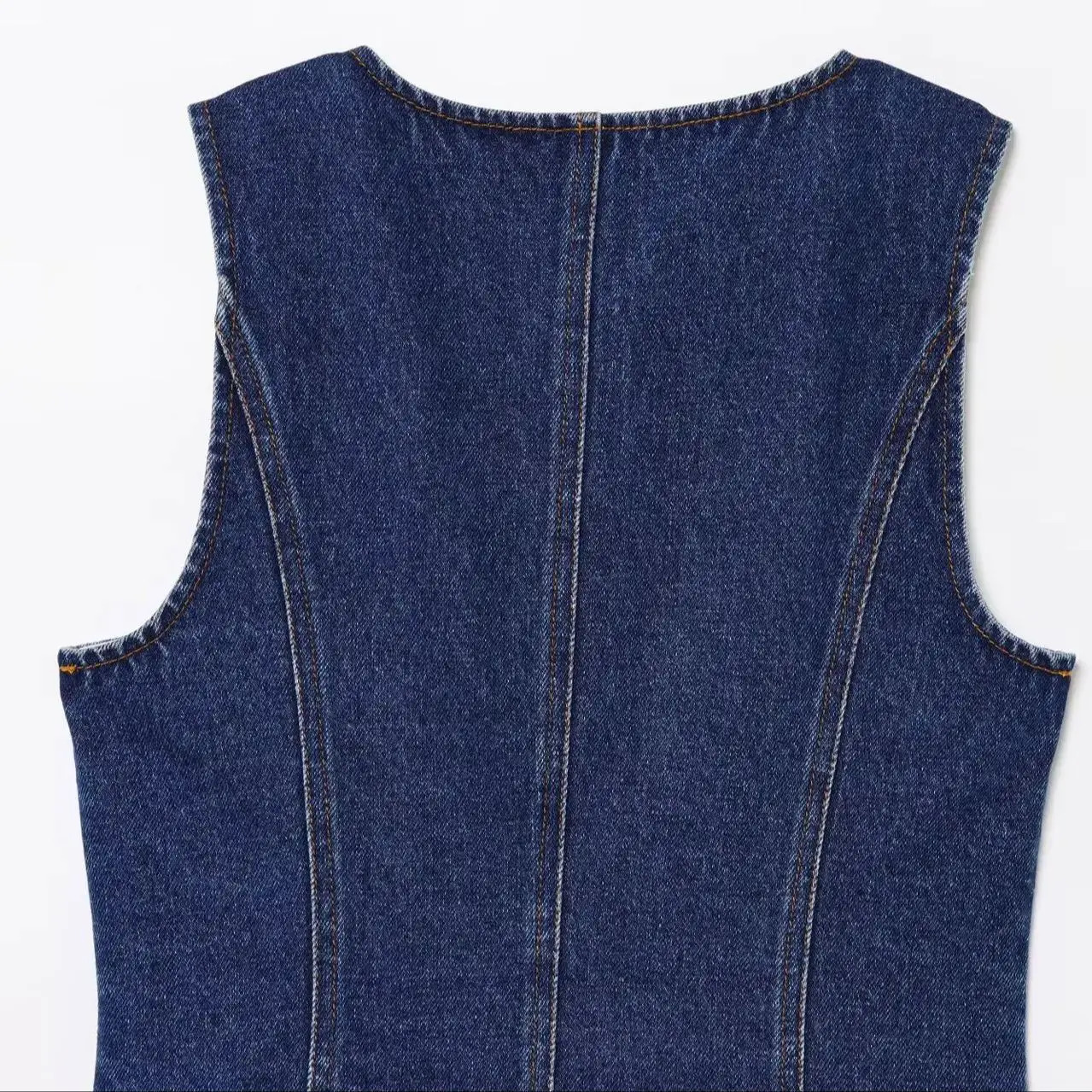 ZBZA Womens Slimming Denim Tank Top Round Neck Sleeveless Single Chest High Waist Solid Pocket Cut Summer Fashion 250506
