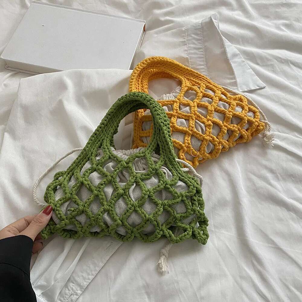 Cotton Thread Purse Handbag Fashion Knitting Braided Crochet Net Bag Personality Woven Colorful for Women Girls Casual Summer