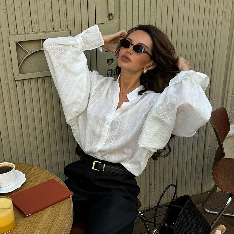 European American Summer Sweet And Fresh Loose Oversized Stand Up Collar Lantern Sleeves Long Sleeved Shirt Women's Top B5