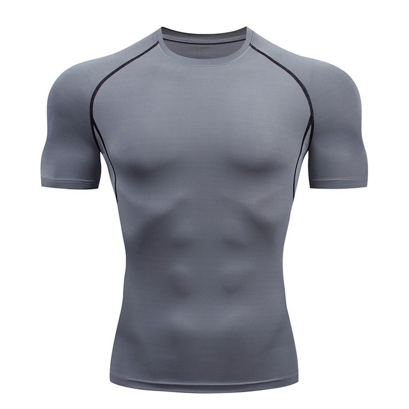 Summer men's t-shirt sports fitness suit, close-fitting short-sleeved high-elastic breathable quick-drying ice silk running base suit.