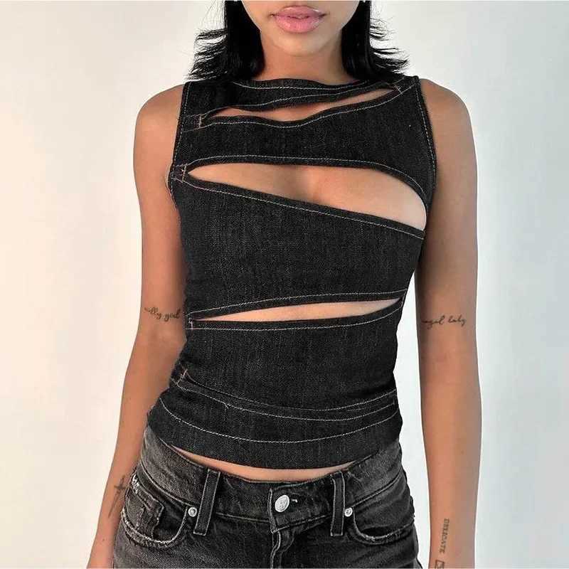 Talenza Womens Sleeveless Round Neck Vest Summer Solid Color Hollow Slim Vest Top Fashion Sexy Streetwear Womens Slim Vest Top M250513