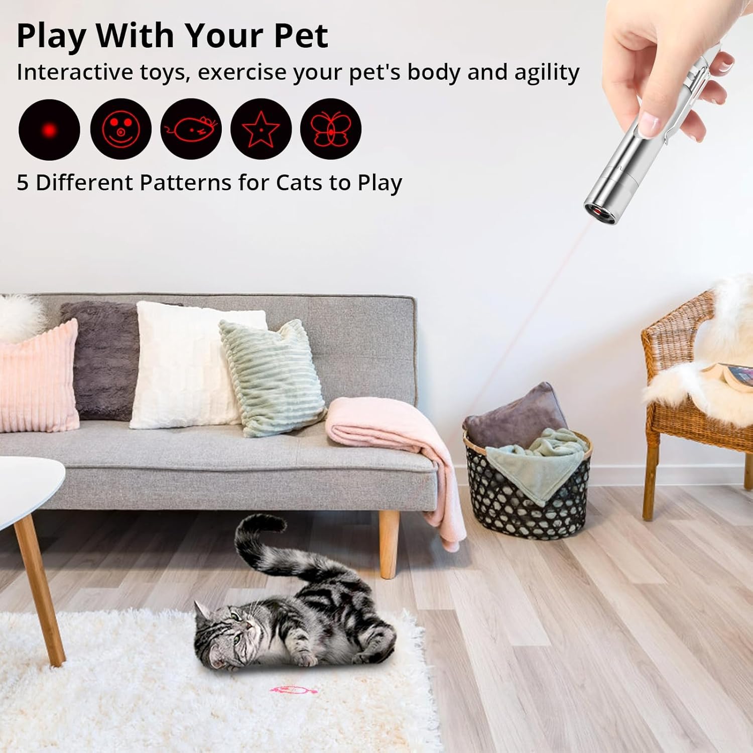 Cat Toy Red Pointer for Indoor, Rechargeable, 5 Adjustable Patterns, 3 Modes Training Chaser Pet Toy Pointer, Interactive Pet Cat/Dog Toy for Cats Fun
