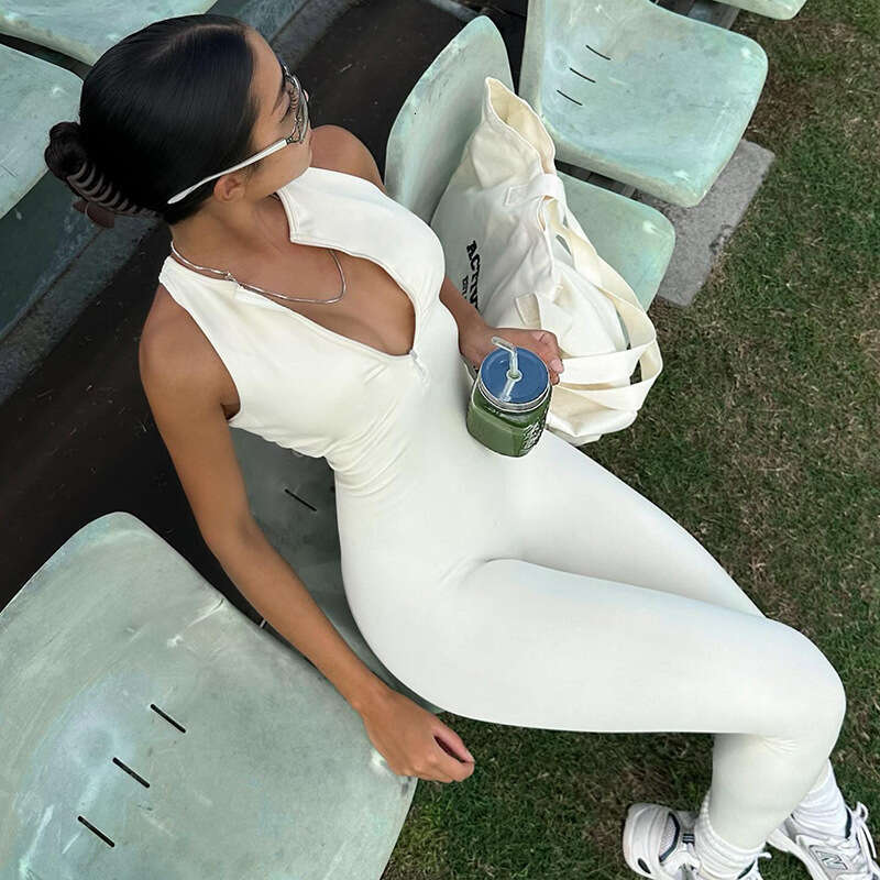 Fashionable Sporty Women's Solid Color Yoga Pants With Zipper Splicing And Hollowed Out Backless Tight Sleeveless Jumpsuit B5