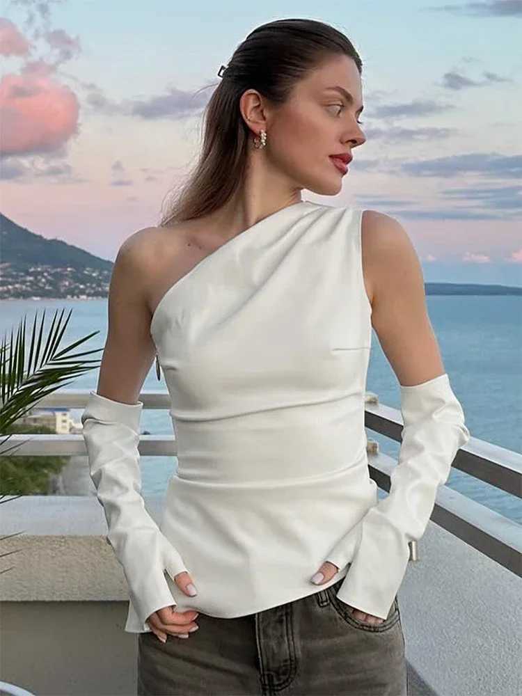 Trendix Slant Collar PU Top Sexy Asymmetrical Off Shoulder Slim Streetwear Tanks Fashion Elegant One Shoulder Vest Clubwear M250513