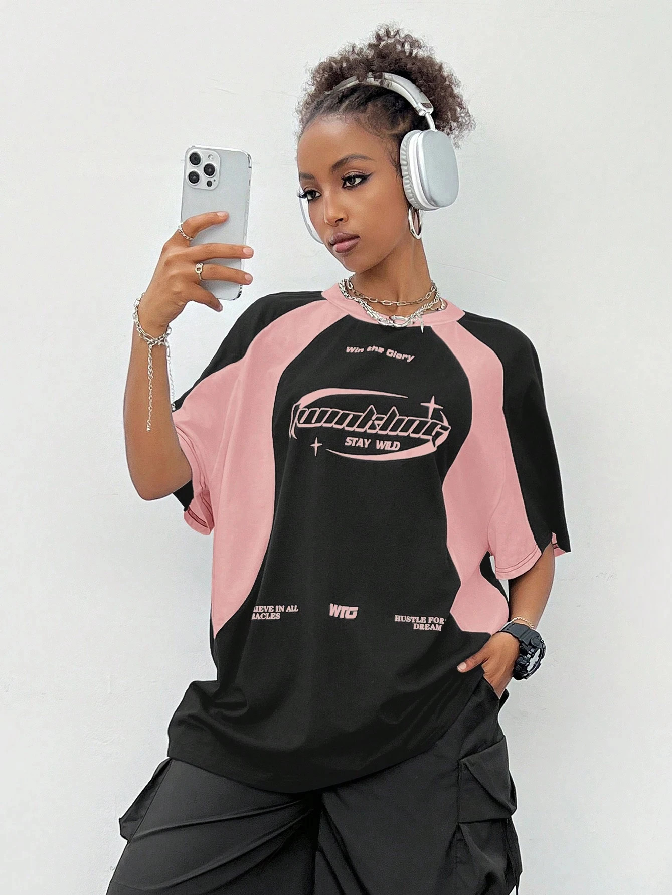 Womens Spring_Summer Streetwear Oversized Racing Motorcycle Print Color Block Raglan Sleeve TShirt Casual Top Tee 250513