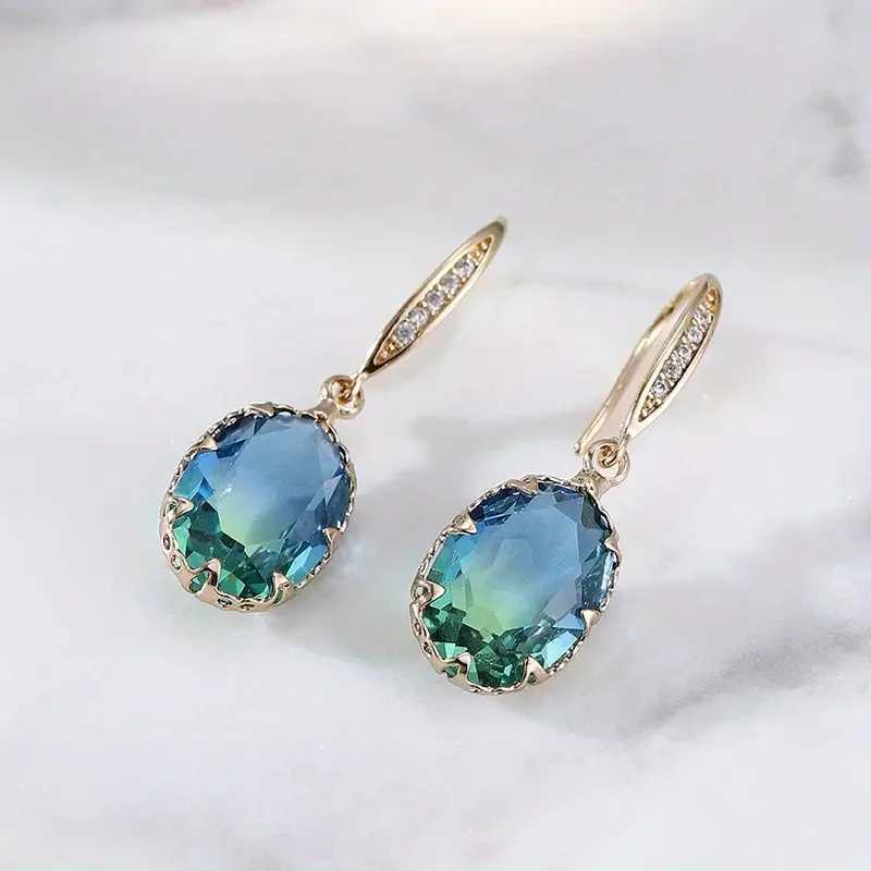 Exquisite Oval Inlaid with Blue Green Zircon Earrings Elegant Fashion Gold Color Engagement Wedding Dangle Earrings for Women Y250510