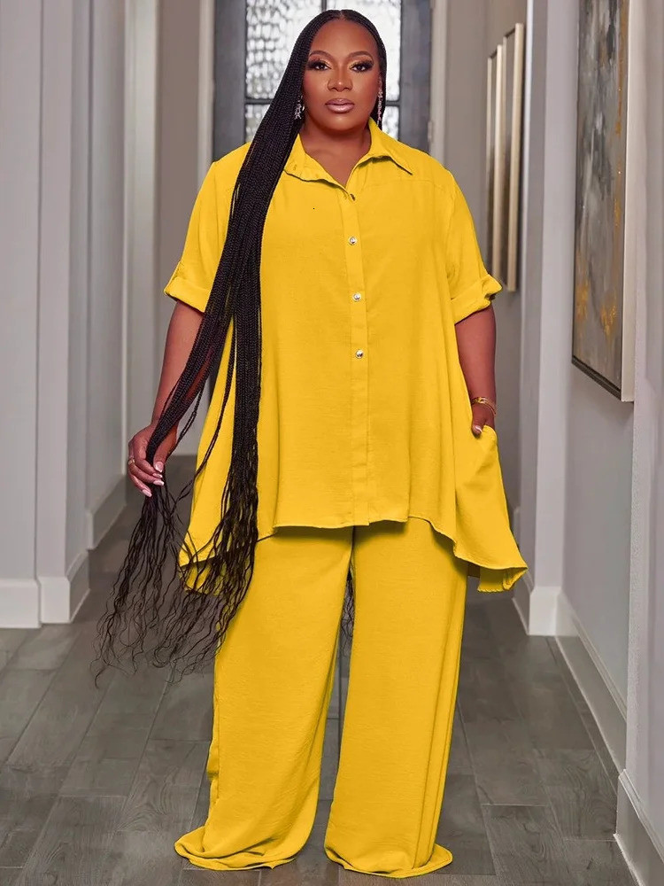 Wmstar Women Plus Size Two Piece Set 5XL Summer Casual Solid Button T Shirt Wide Leg Pants Female Outfits Wholesale Drop 250506