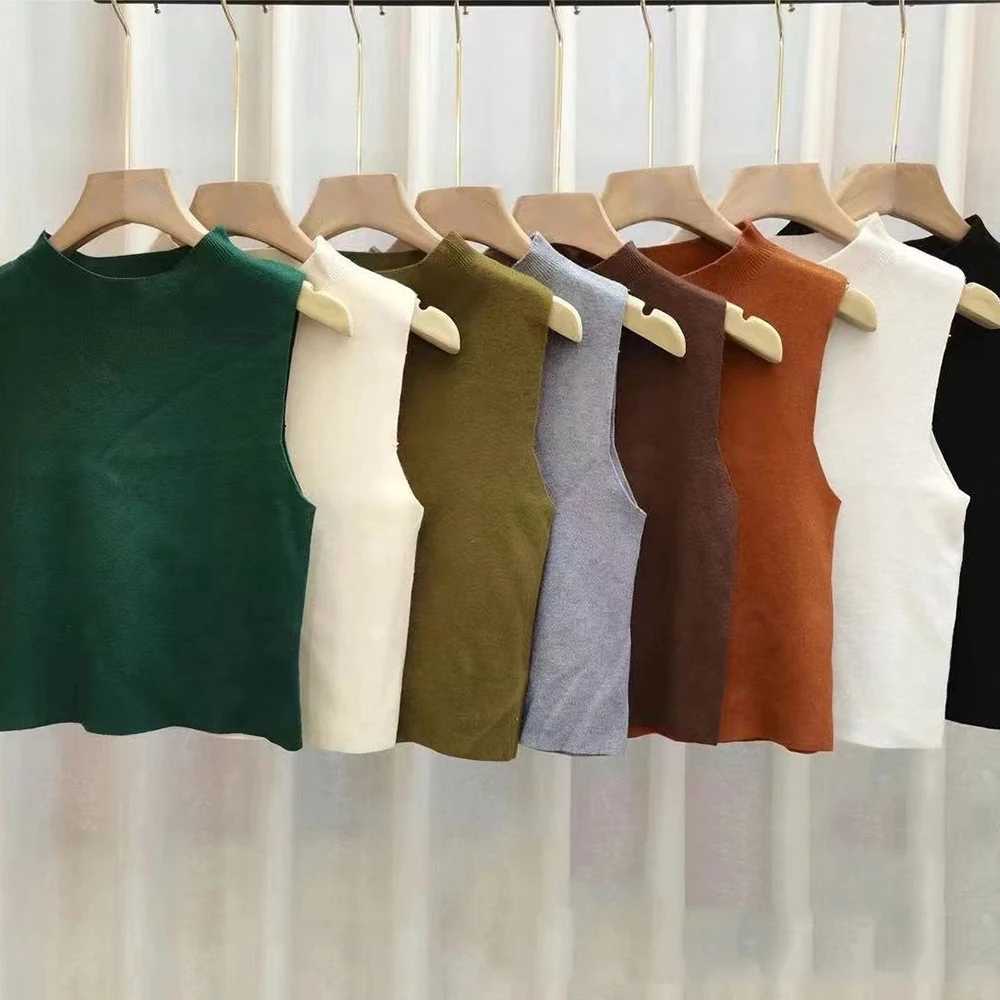 Womens Vest Tank Top Solid Color Knitted Tees T-Shirt Top Cropped Top Camisole Sweater Half-turtleneck Spring Autumn Sleeveless M250513