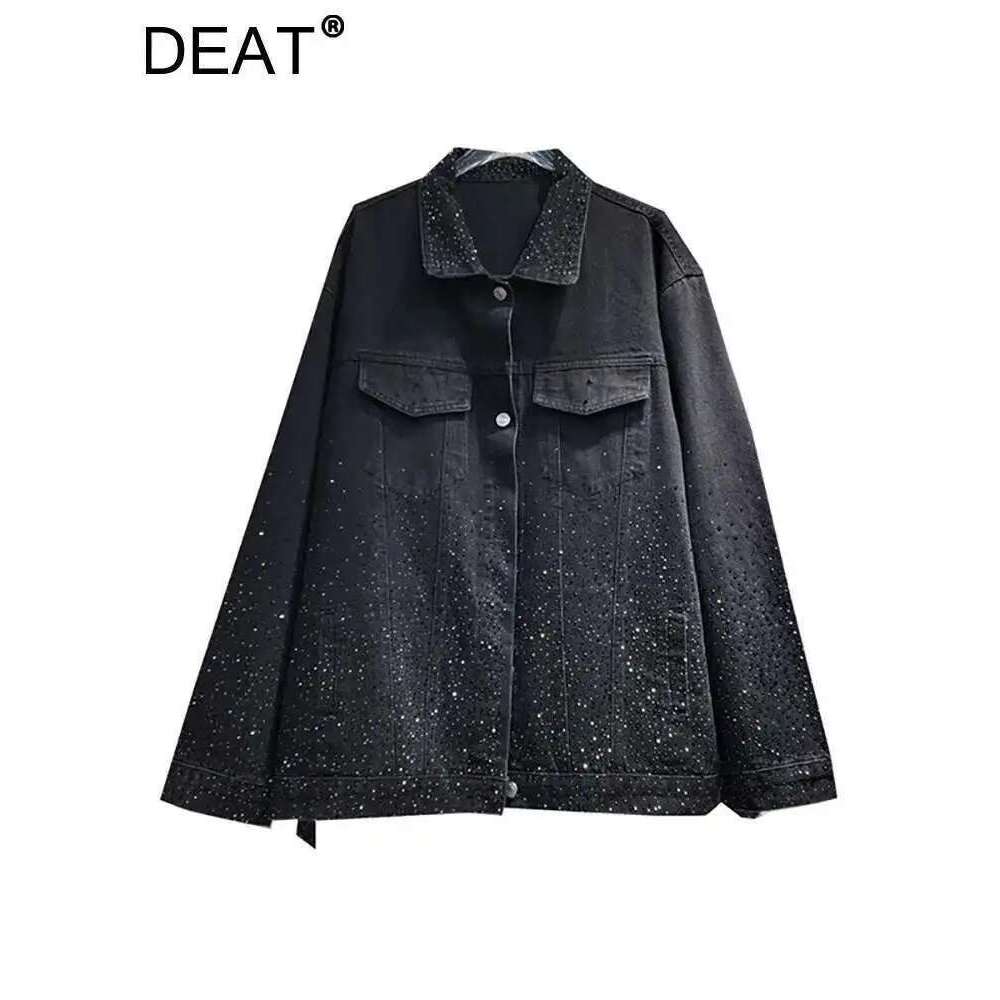 DEAT Women Denim Coat Turn-down Collar Full Dias Hot Rhinestone Black Loose Single Breasted Jackets 2025 Summer New Fashion
