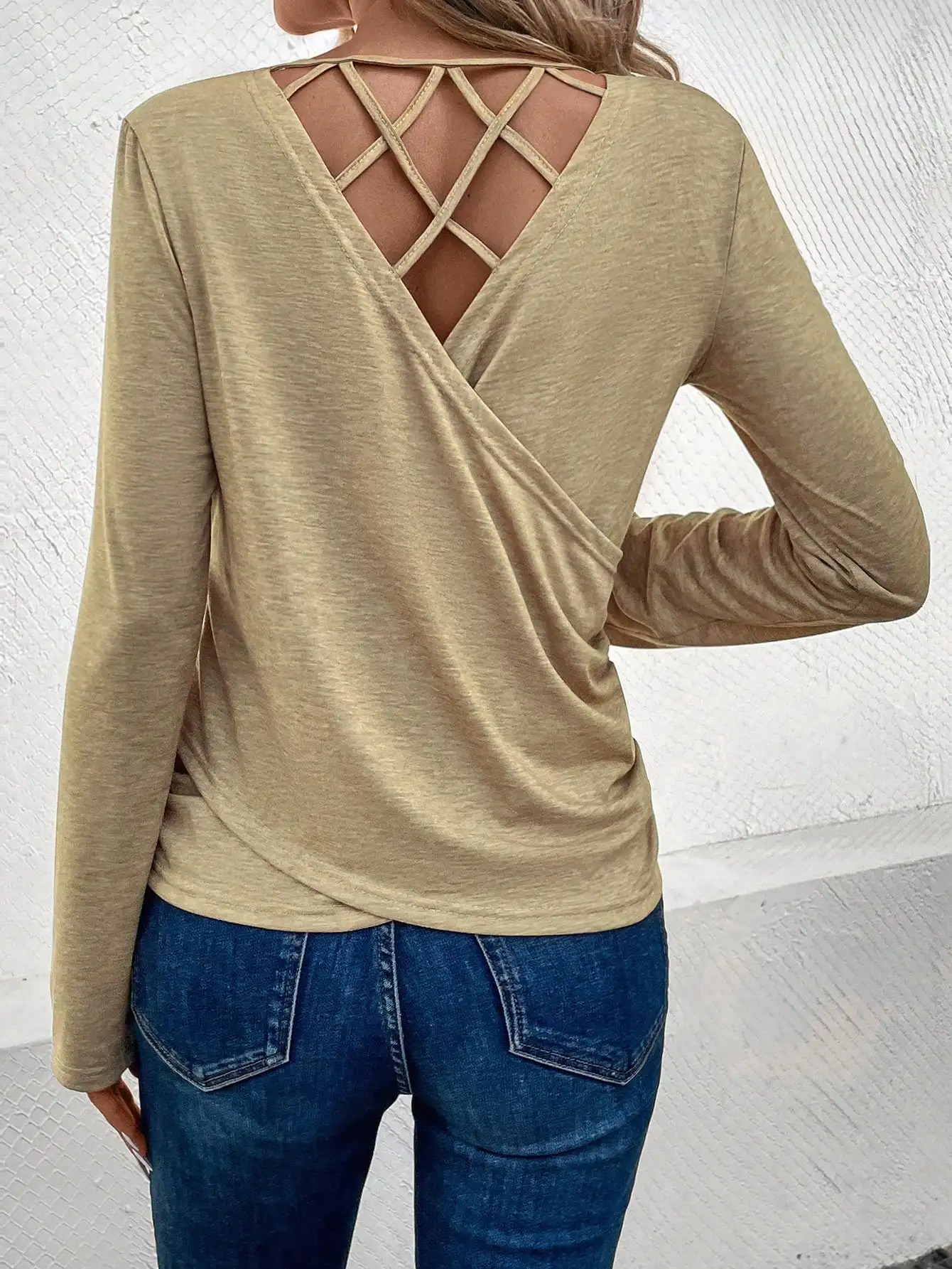 Elegant fashion womens Tshirt Small round neck long sleeve halter hollow sexy 250513