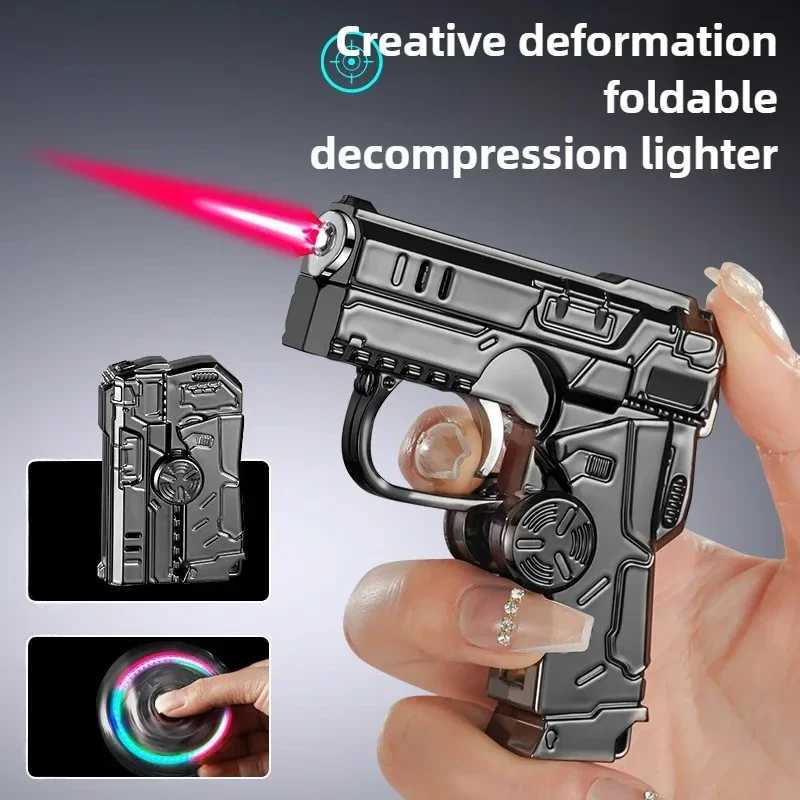 2025 Multi Functional Folding Dual Form Decompression Gyro Gun Shaped Lighter With Creative Deformation And Windproof Red Flame Y250513
