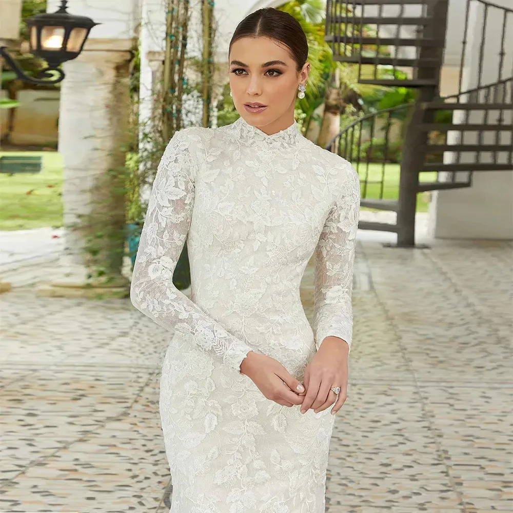 Full Lace Mermaid Wedding Dress High Neck Long Sleeves Court Train Bridal Gown church garden beach birde outfit cutomsized