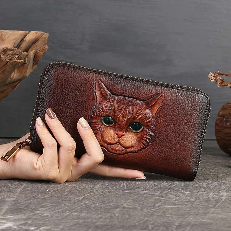 Designer Bag 2025 Genuine Leather Long Wallet For Women Purse Id/Credit Card Cash Holder Cat Pattern Retro Female Cowhide Money Purses Bag Luxury Bag