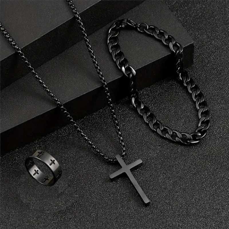 3pcs Set Mens Stainless Steel Metal Cross Pendant Chain Necklace Bracelet Ring Jewelry Set for Men Hip Hop Daily Wear Accessories XJ250707