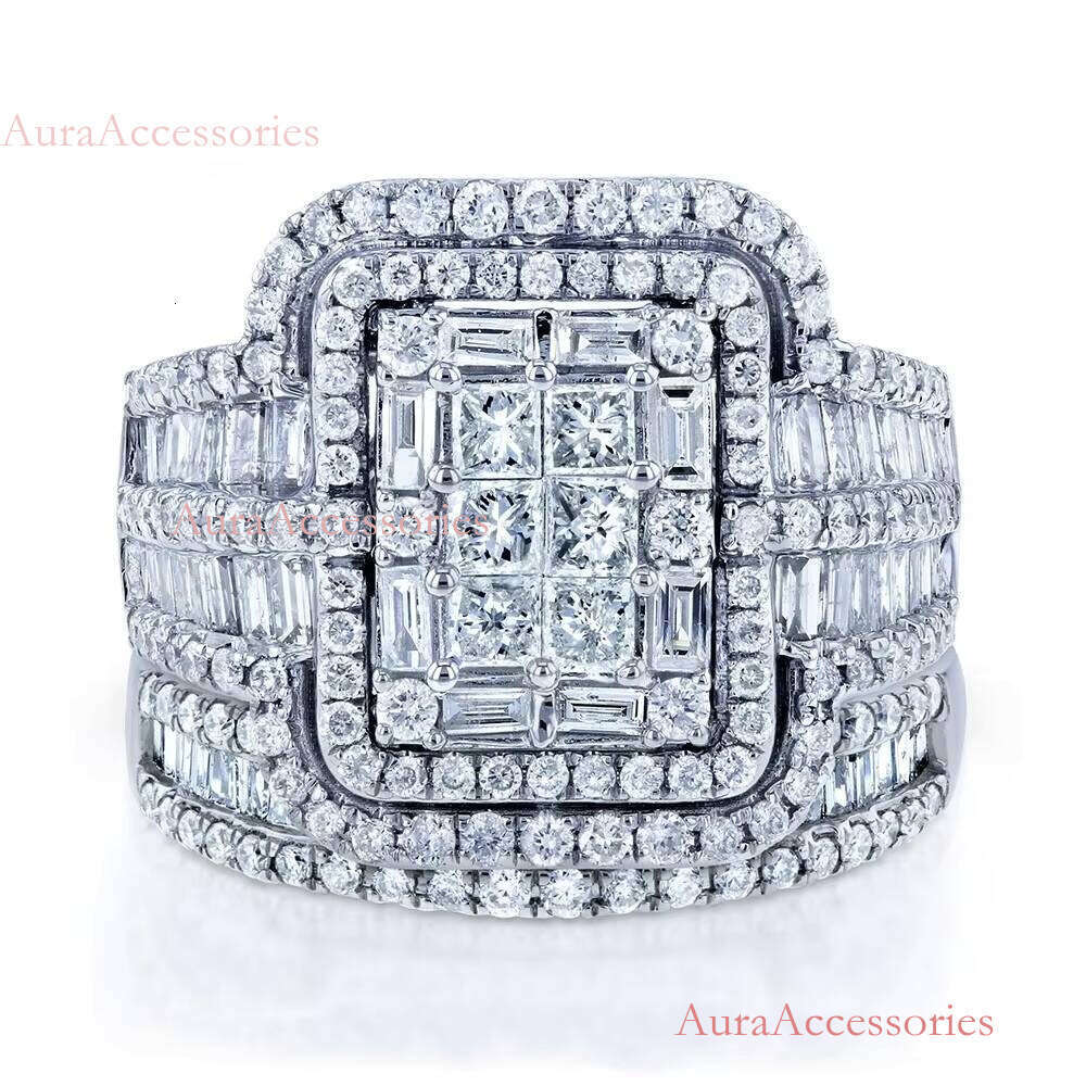 Bride Bague Zircon Full Rectangle Wedding Glitter Rings Women Sier Couple Ring Set