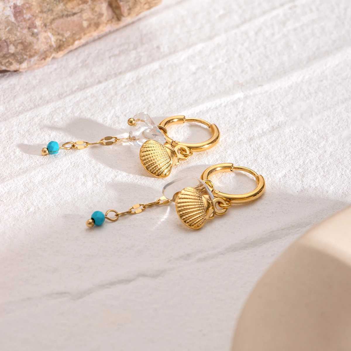 Natural Stone Shell Buckle Hoop Earrings Stainless Steel Metal 18K PVD Gold Plated Women Prevent Allergy Delicate Jewelry Y250510