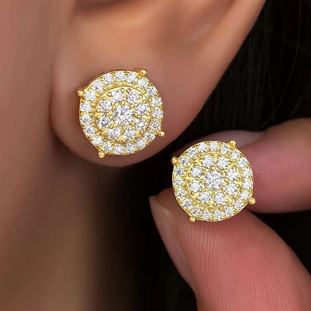 New Arrival Hip Hop Solid Silver 925 Vvs1 Moissanite Earrings Women Jewelry 18K Gold Color Round Micro Pave Stud Earrings