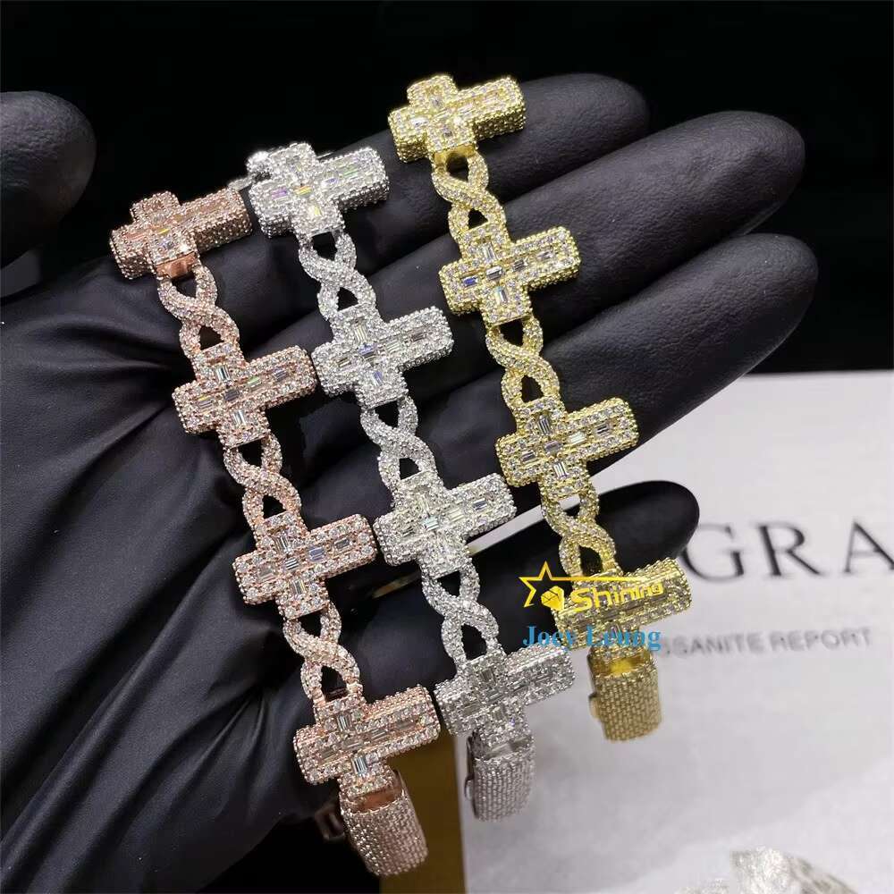 Hip Hop Jewelry 925 Silver Baguette Charm Iced Out VVS Moissanite Cuban Link Bracelet