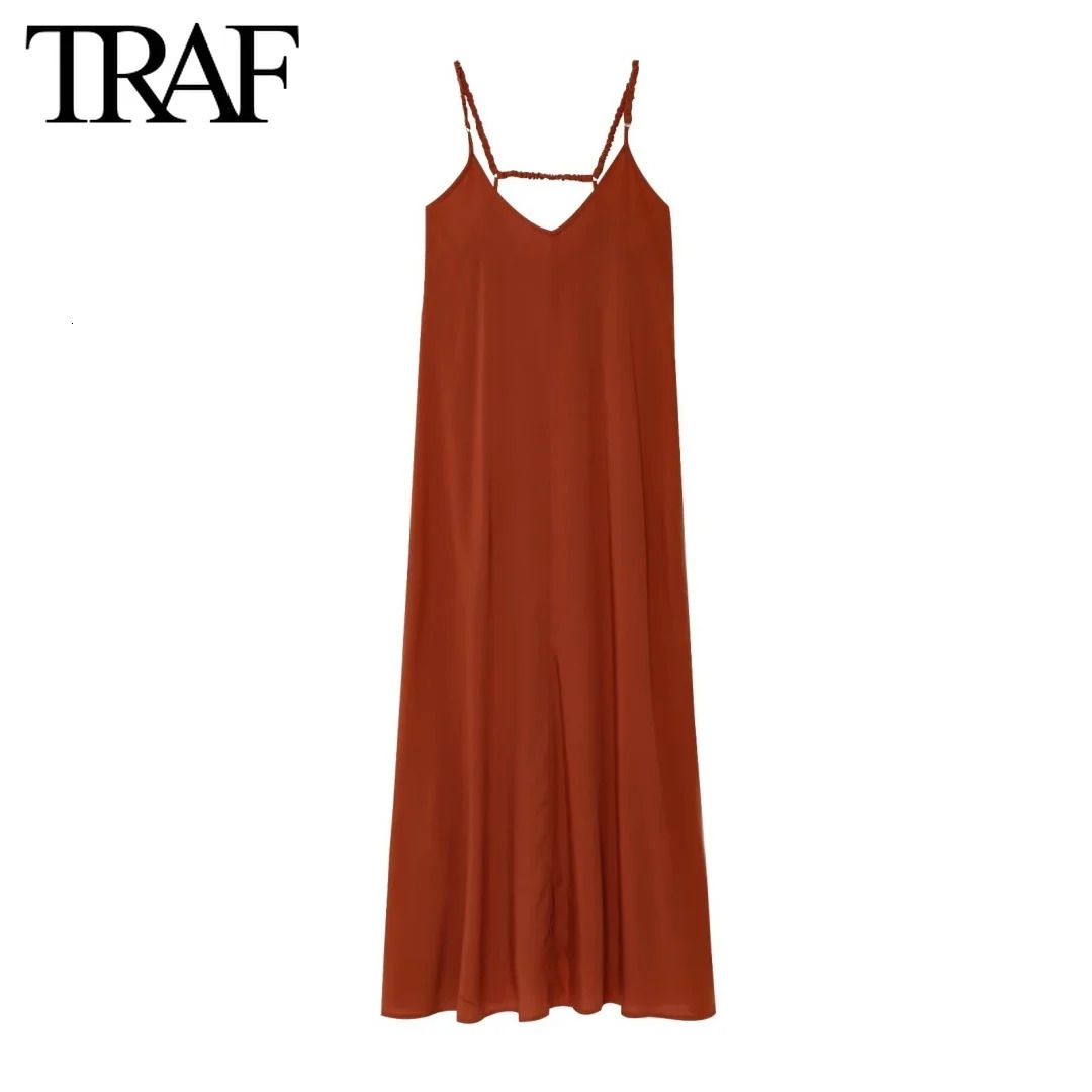 TRAF Dress for Women Fashion Summer Solid Fold Backless Sling Sleeveless Midi Dresses Chic Female French Evening 250513