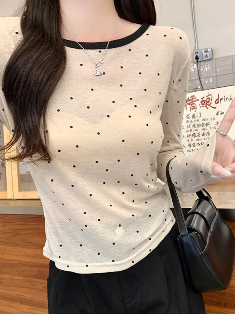 Thin Polka Dot Long Sleeve T Shirt For Women Clothing Autumn O Neck Top Woman Tshirts Casual Tee Femme Ropa Para Mujer 250513