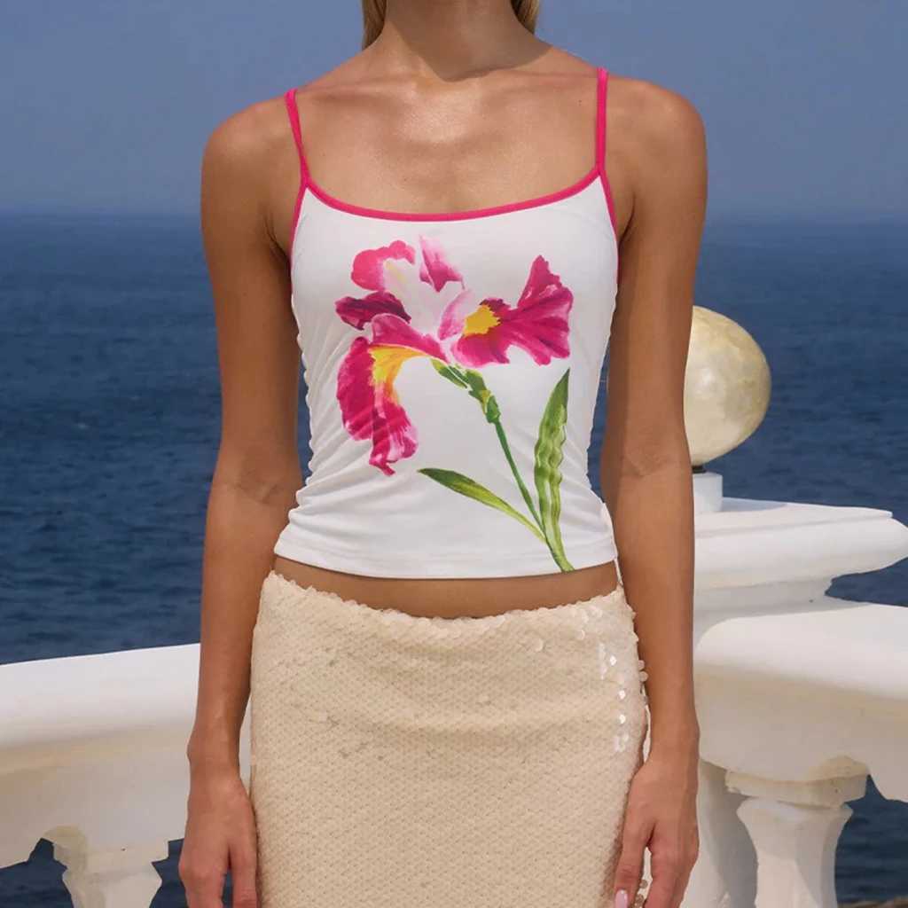 Combhasaki Womens Y2K Vintage Floral Print Camisole Tops Summer Thin Spaghetti Straps Square Neck Slim Fit Vacation Tank Vest M250513