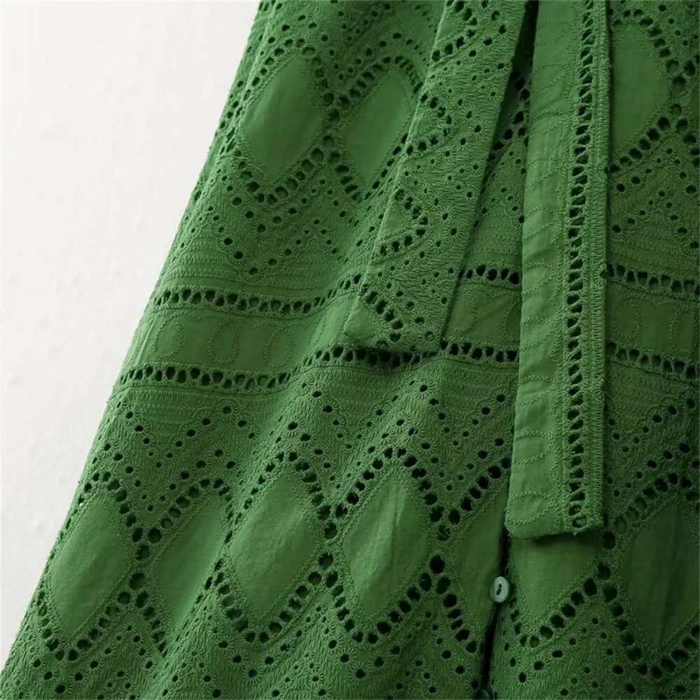 ZAR * Spring/Summer Hot Selling New Women's Waistband Lapel Short Sleeve Hollow out Embroidered Shirt Midi Dress