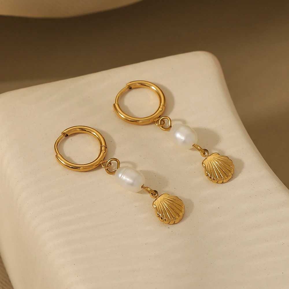 Stylish Stainless Steel Freashwater Pearl Charm Scallop Drop Handmade Chic Earrings 14k Gold Color Dangle Earrings Jewelry Y250510