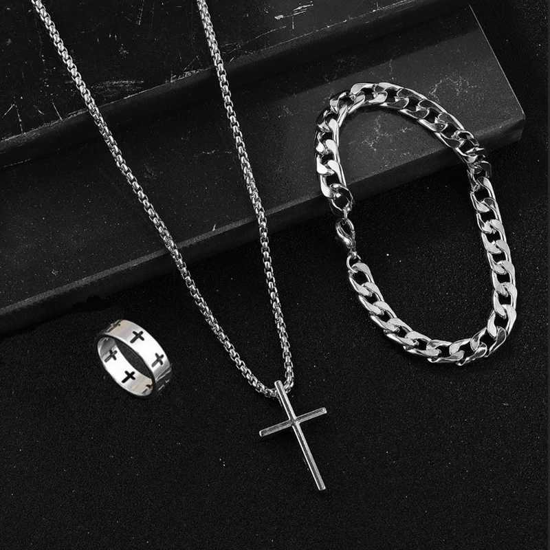 3pcs Set Mens Stainless Steel Metal Cross Pendant Chain Necklace Bracelet Ring Jewelry Set for Men Hip Hop Daily Wear Accessories XJ250707