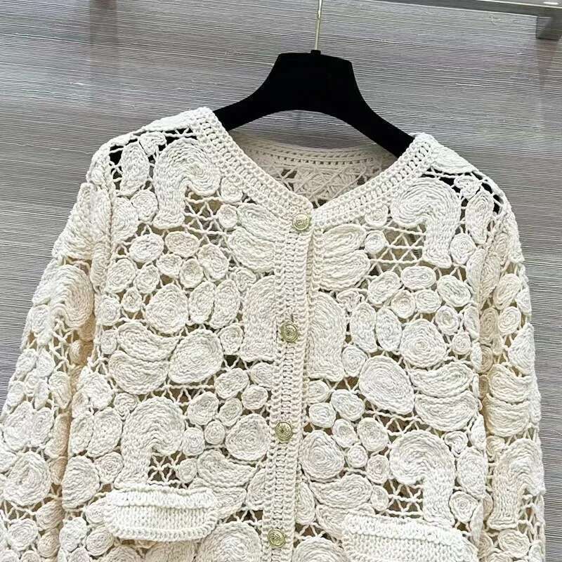 New Autumn Winter Knitted Cardigan Coats High Quality Women Crochet Knitting Long Sleeve Casual Beige Sweater Cardigans Top