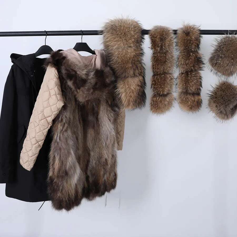 Maomaokong Natural Real Lining Winter Women Jacket Long Fox Coat Raccoon Fur Collar Hooded Thick Black Waterproof Parkas