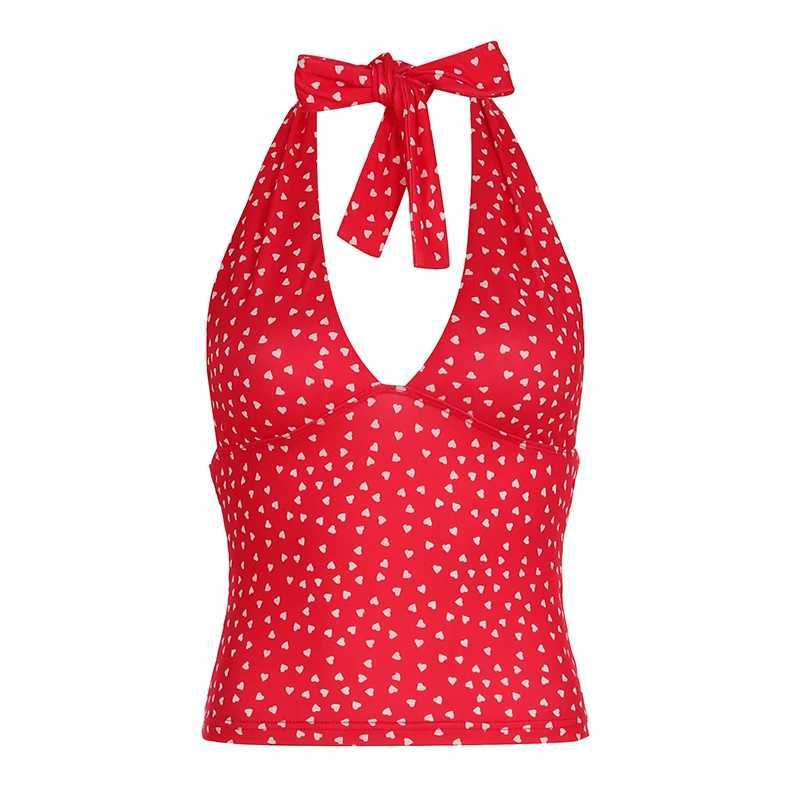 Fashion Y2k Sweet Halter Women Tanks Skinny Sleeveless Print Hotsweet V-Neck Backless Blouses M250513