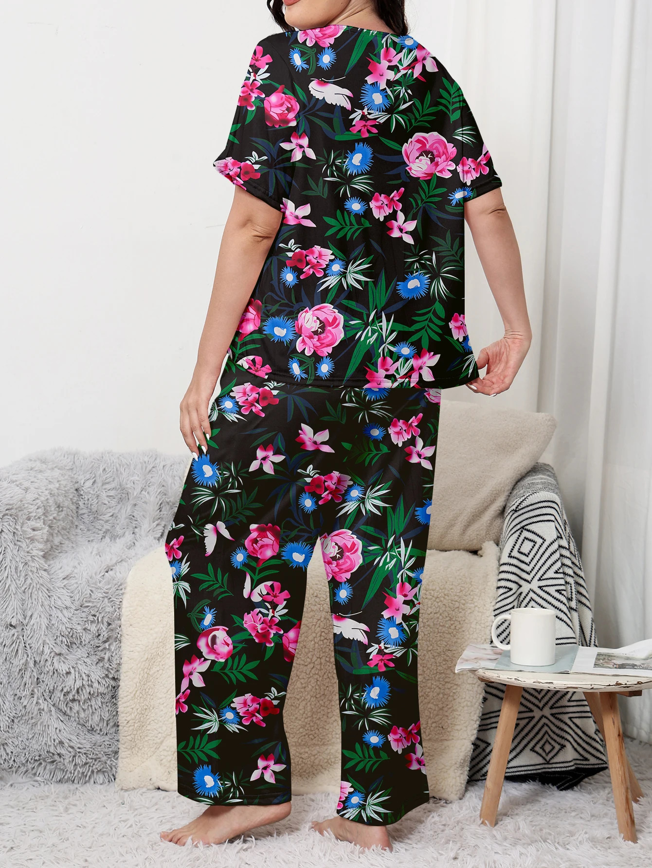Plus size pajama clothing plus home set short sleeved long pants can be worn with milk silk mater 250506