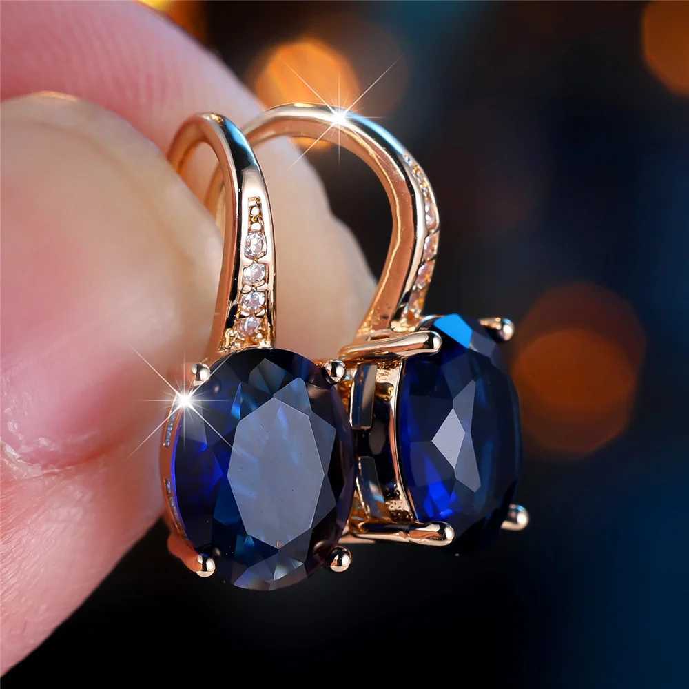 Trendy Crystal Blue Zircon Oval Stone Hoop Earrings For Women Vintage Gold Color Wedding Jewelry Y250510