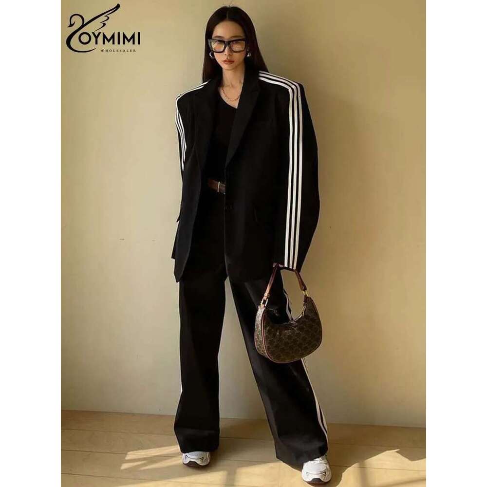 Oymimi Fashion Black Patchwork For Women 2 Pieces Elegant Long Sleeve Pockets Button Shirts And High Waist Trousers Sets