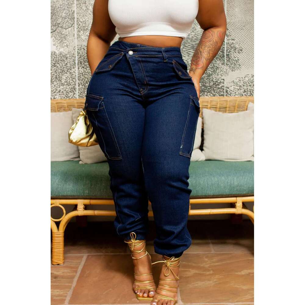 Plus Size Blue All Season Everyday High Waist Warm Skinny Women's Stretch Button Pencil Pants Mom Casual Pocket Work Jeans