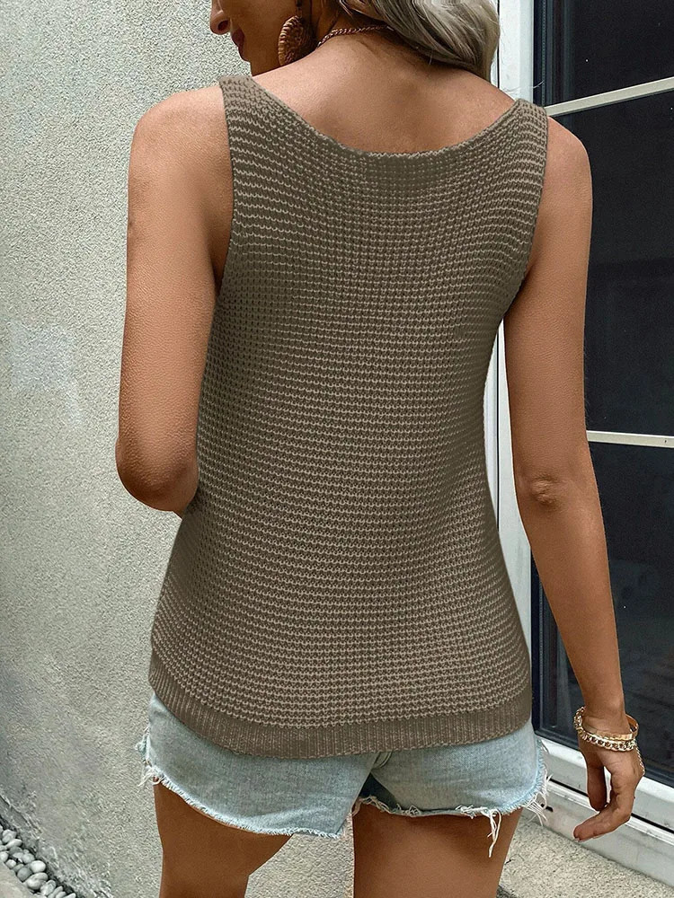 Polyester 10000 solid color large round neck knitted top elegant sleeveless short tank summer womens clothing 250506