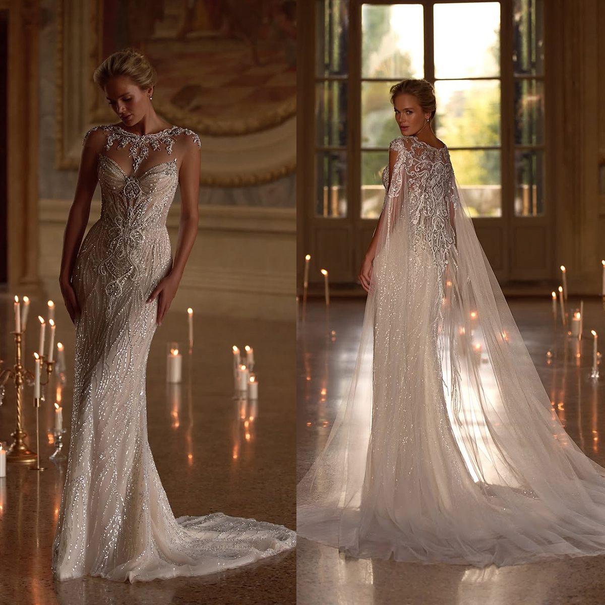 Fancy Wedding Dress Crystal Lace Mermaid Bridal Gowns with Cape Sequins Pearls Beading Illusion Bride Dresses Customized Vestido de novia