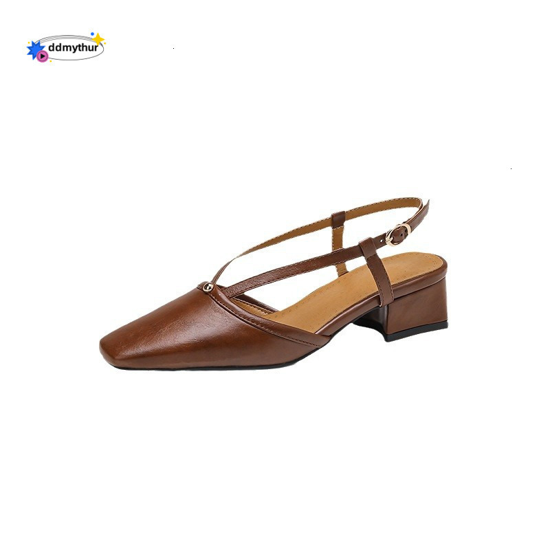 Baotou Thick Sandals Women's Summer New Style Backspace Roman with One Button Strap Middle Heel Large Shoes 41-43 ddmythur