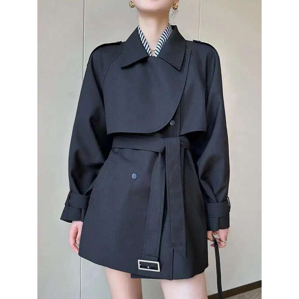 EAM Black Belted Big Size Jacket Loose Fit New Lapel Long Sleeve Women Quilted Coat Fashion Tide Spring Autumn 2025 30A1210